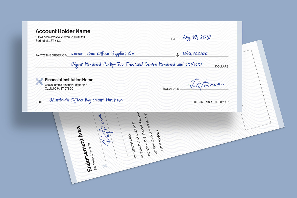Blank Cheque / Check Template, a Stationery Template by BrandPacks (Photo 4 of 6)