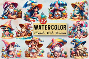 Watercolor Beach Girl Gnomes Clipart, an Illustration by SVGArt