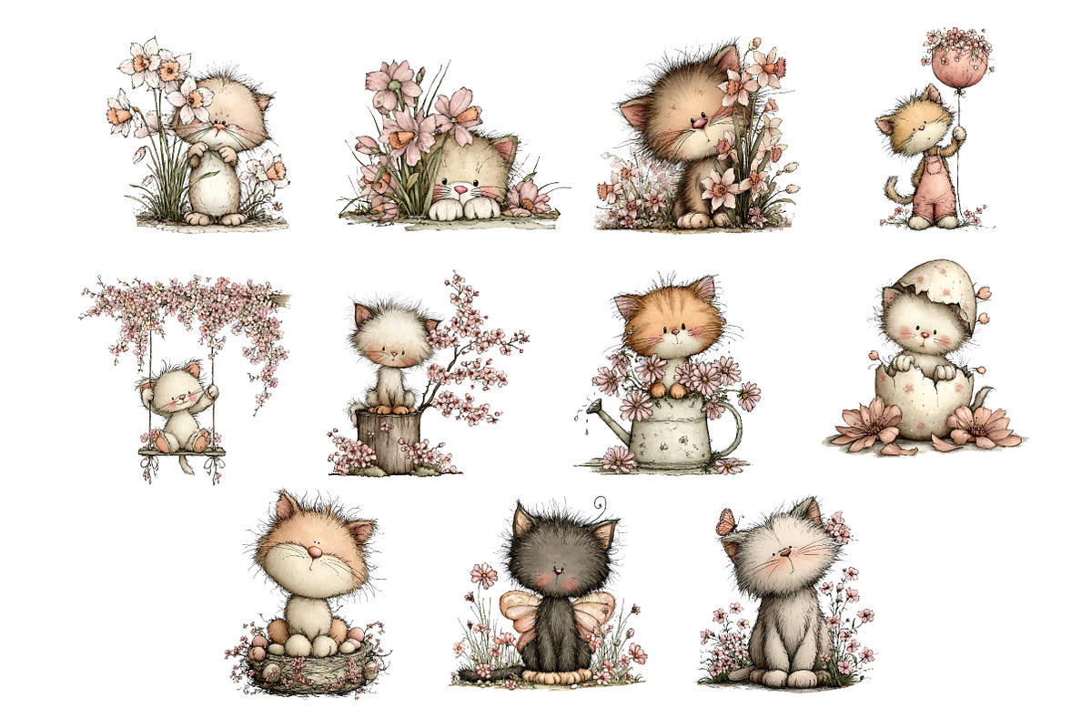 Whimsical Spring Cat Clipart, an Illustration by Dream Creation (Photo 4 of 4)