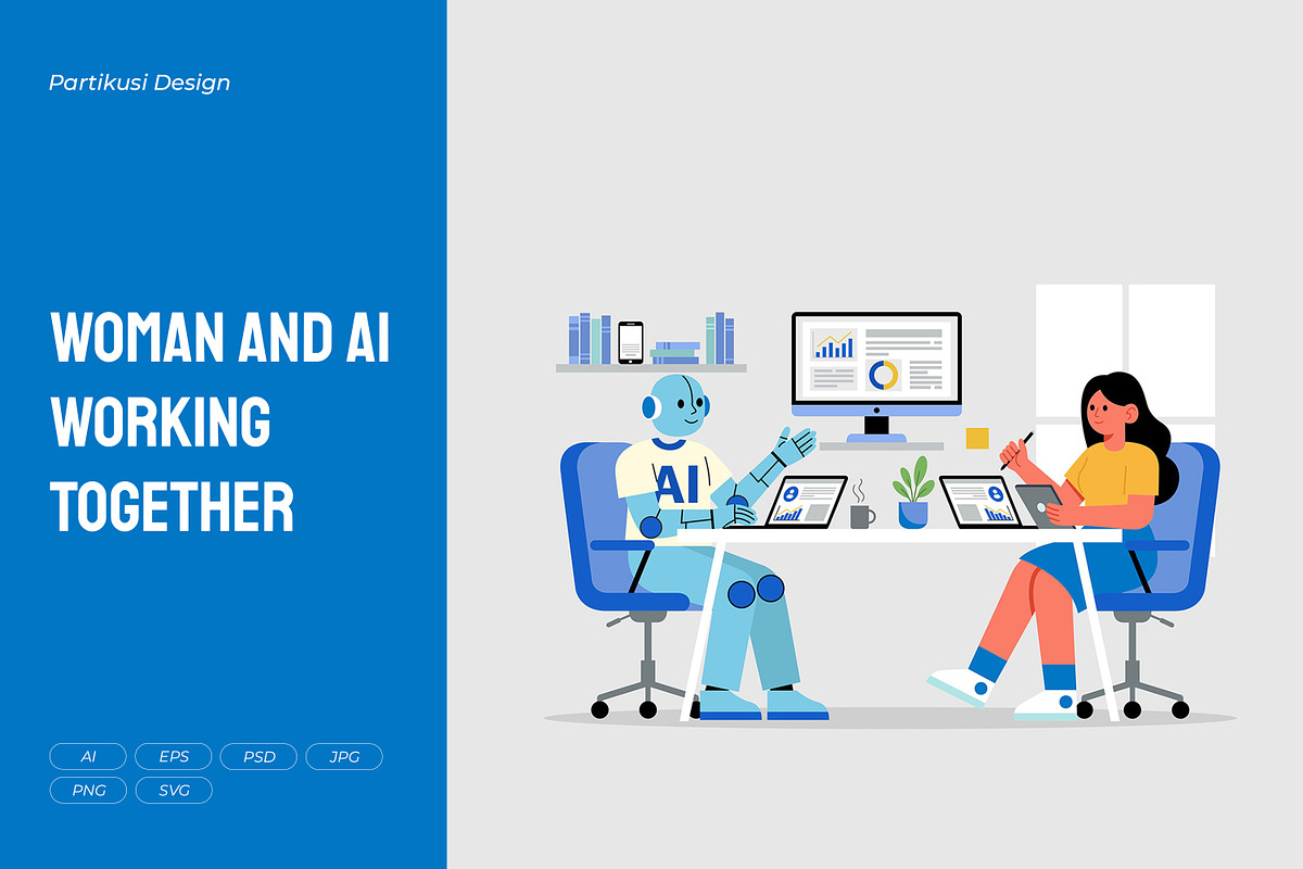 Woman and AI Working Together, a Technology Illustration by Partikusi Design (Photo 1 of 3)