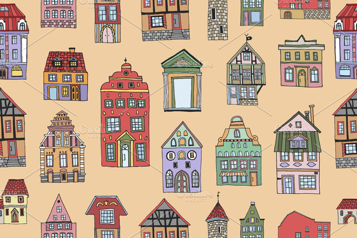 Old town houses + pattern, an Illustration by Redchocolate