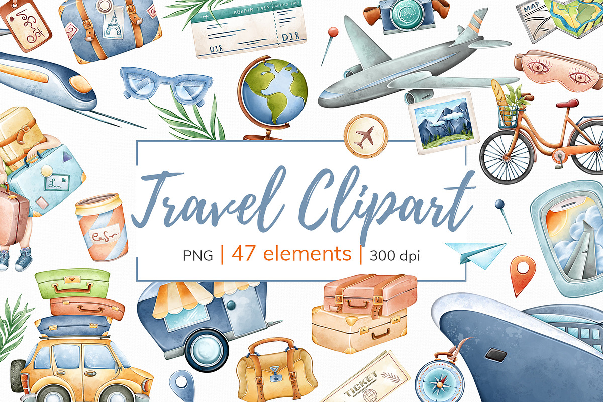 Watercolor Travel Clipart PNG Set, a Seasonal Illustration by Mespilia (Photo 1 of 5)