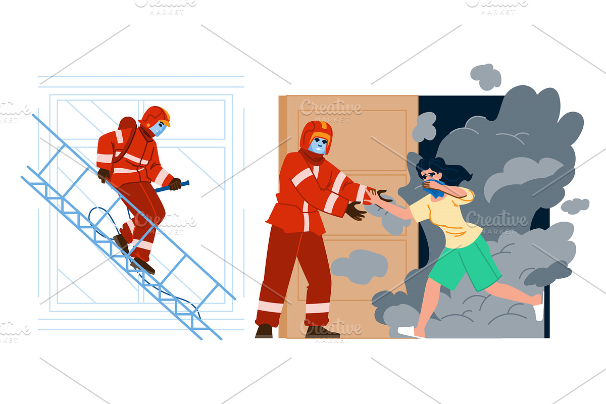 Firefighter helping victim during, a Person Illustration by pikepicture