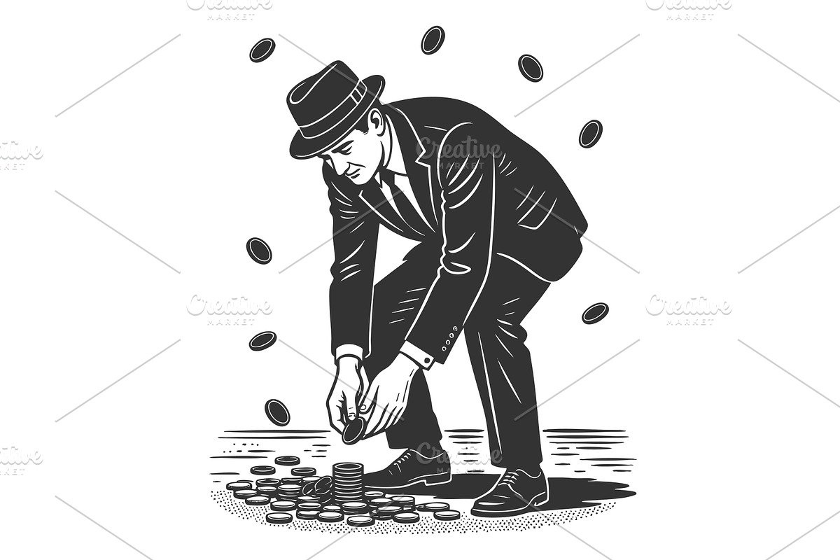 Businessman Collecting Falling Coins, a Person Illustration by AlexArt