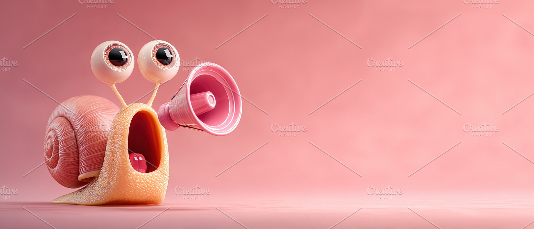 3D illustration of a quirky snail with large eyes and a megaphon, a Photo by Ales Munt