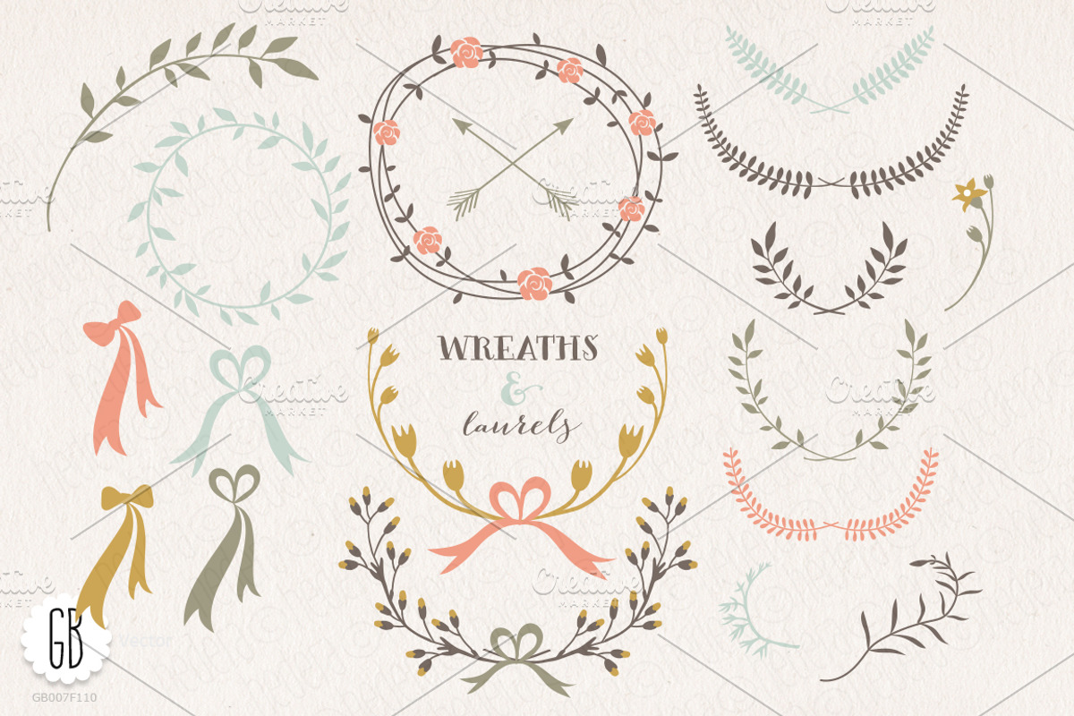 Wreaths laurels ribbons folk flowers, a Decorative Illustration by GrafikBoutique (Photo 1 of 2)
