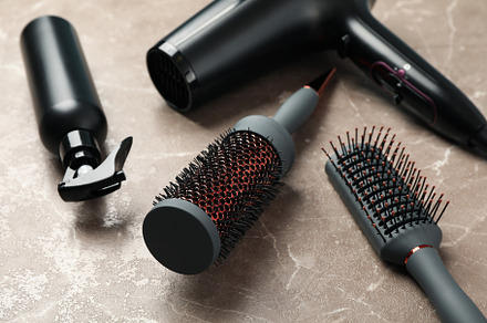 Composition with hairdresser accessories on gray background, clo, a Beauty & Fashion Photo by AtlasStudio PRO