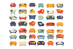 Couches Cartoon Vector Set. Sofa Bed