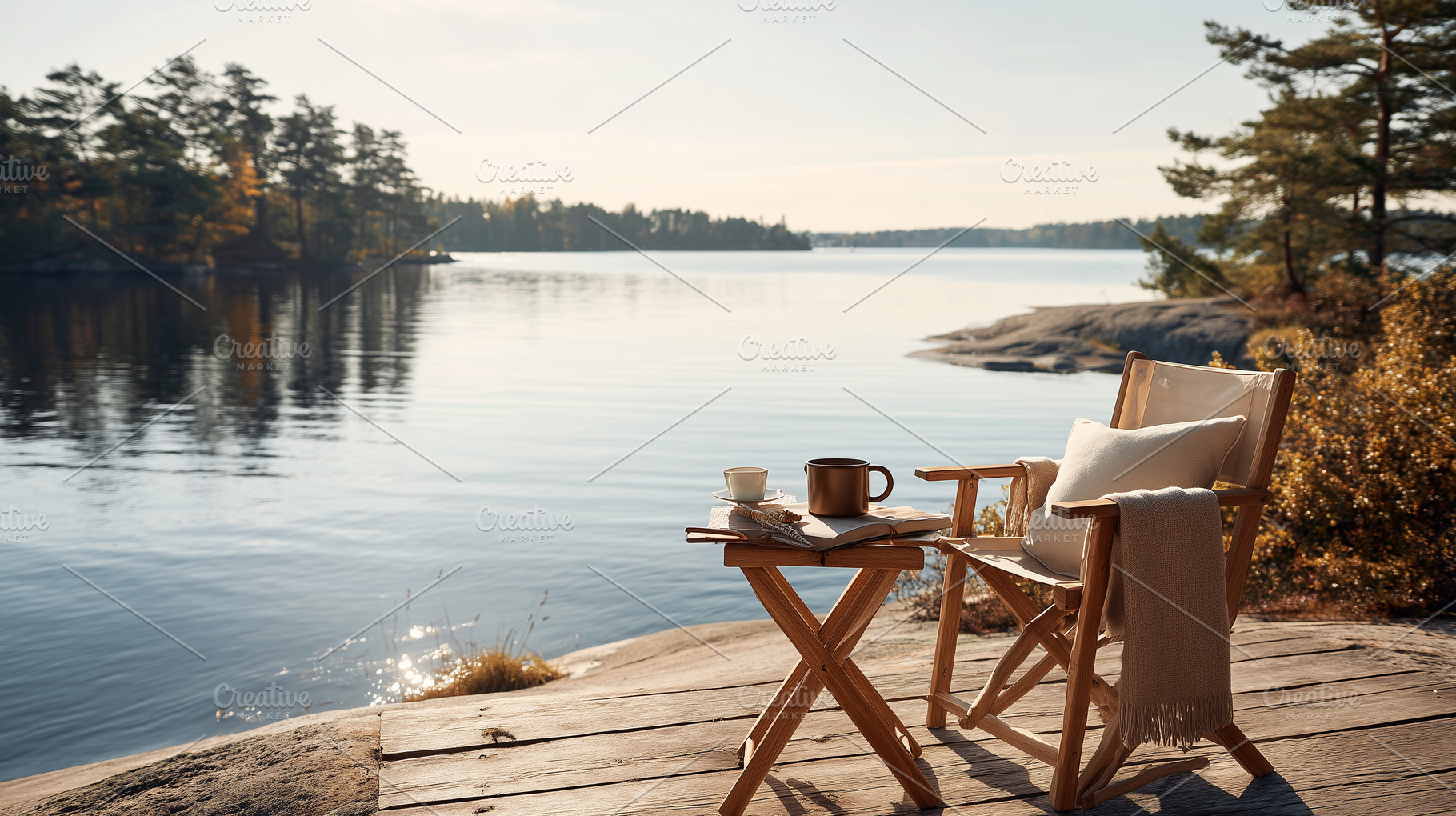 Cozy wooden chair and table with, a Nature Photo by MistyDay