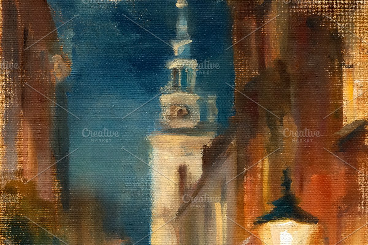 Oil painting depicting a charming old town street scene at dusk, with glowing l, an Illustration by Studio ANNA