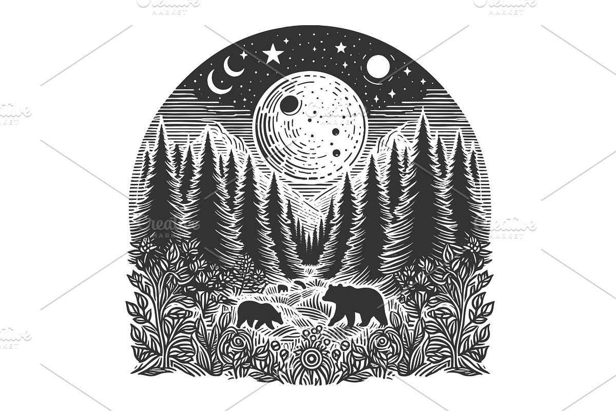 Moonlit Forest Scene with Bears and, an Illustration by AlexArt