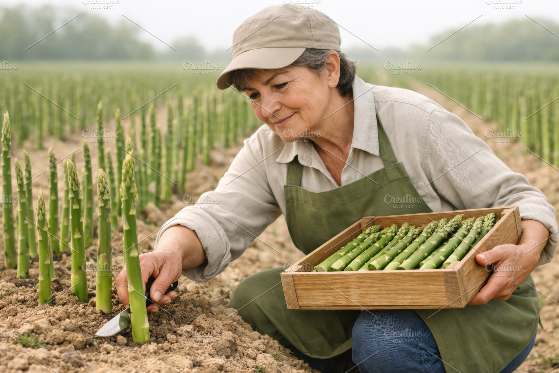 Woman harvesting fresh asparagus in, a Photo by Dvoevnore photos
