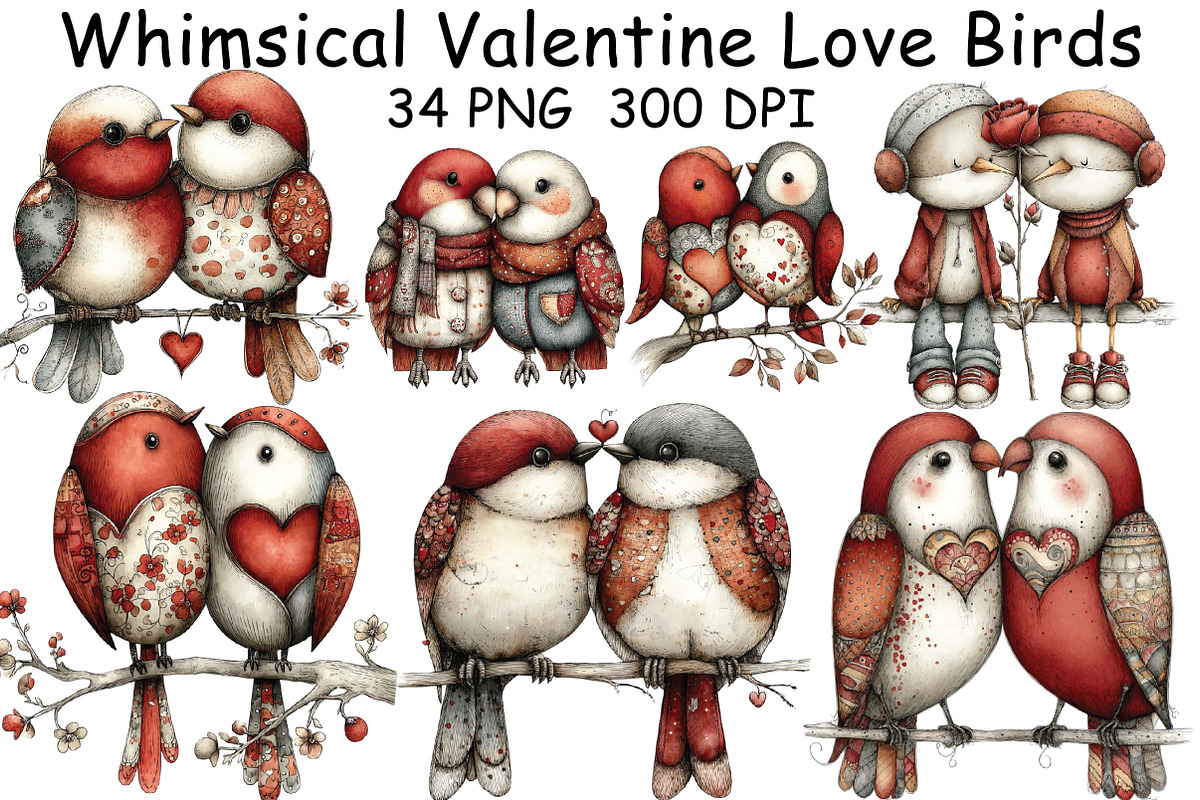 Whimsical Valentine Love Birds PNG, an Illustration by CraftArtStudio (Photo 1 of 6)