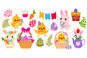 Easter bunny, chick and colored eggs, an Illustration by art PVP - market