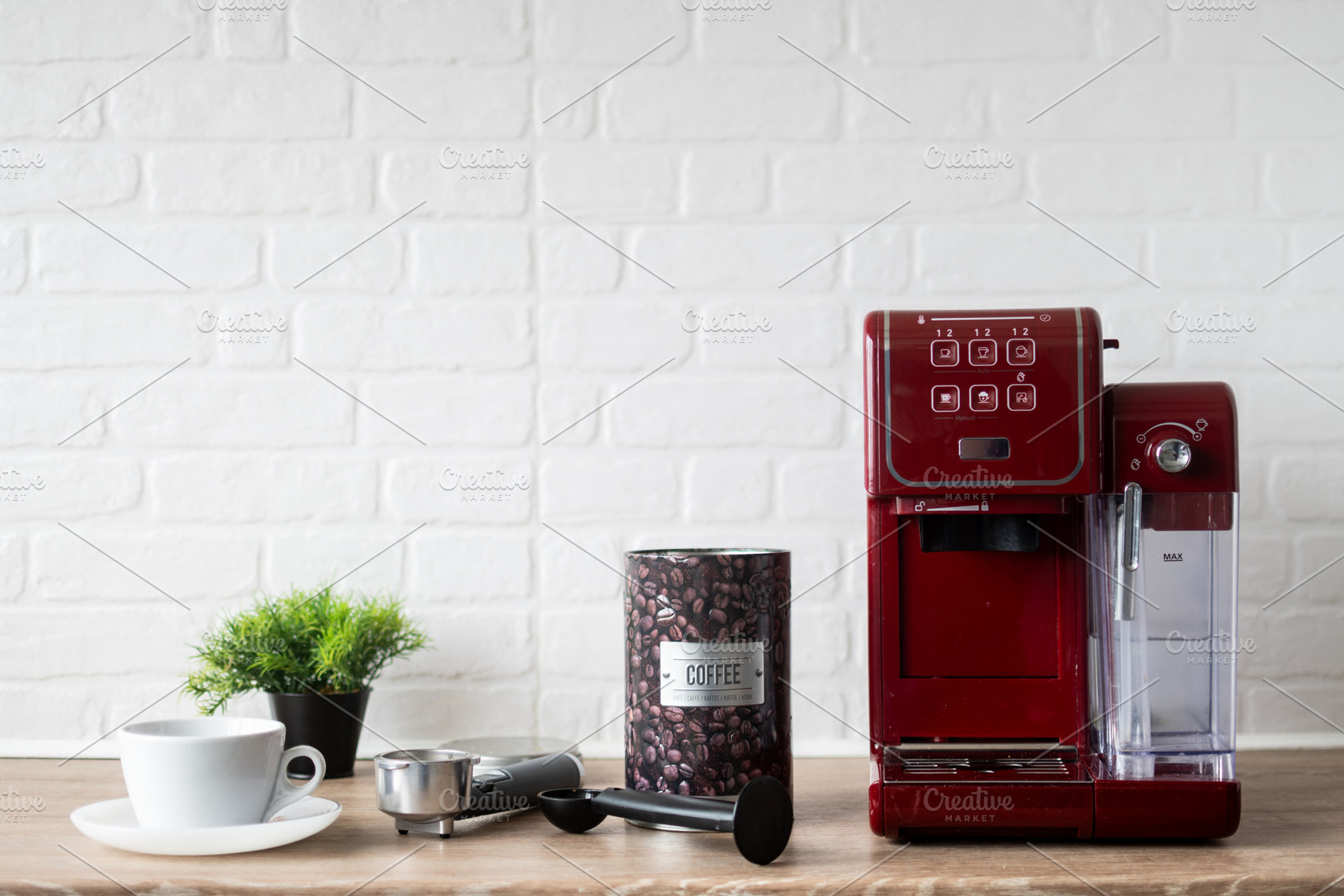 Coffee container and espresso machine on kitchen counter, a Food & Drink Photo by etorres69