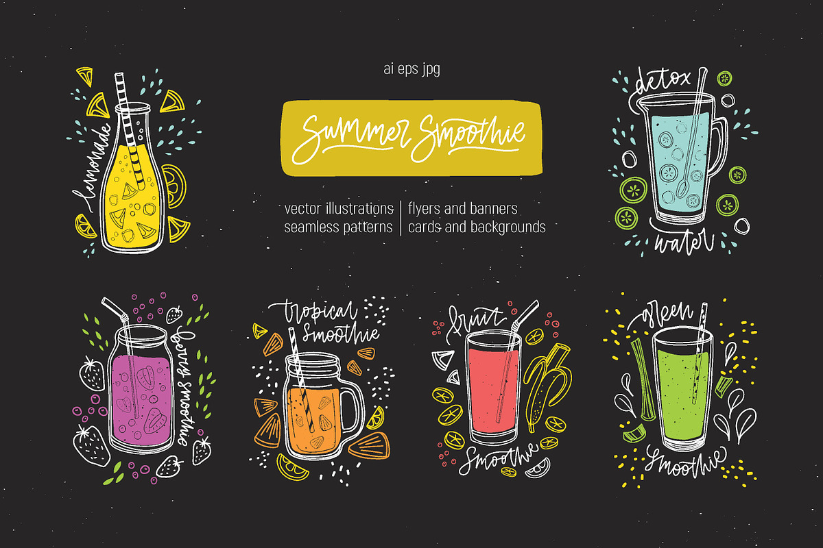Smoothie drinks set + backgrounds, a Food Illustration by Good Studio (Photo 1 of 25)