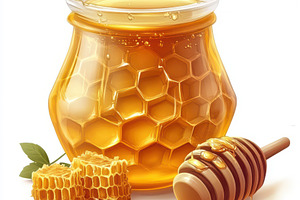 Glass jar of honey and wooden dipper, a Food & Drink Photo by Pixeness Studio