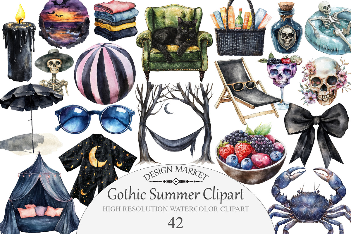 Watercolor Gothic Summer Clipart, an Illustration by Design Market (Photo 1 of 5)