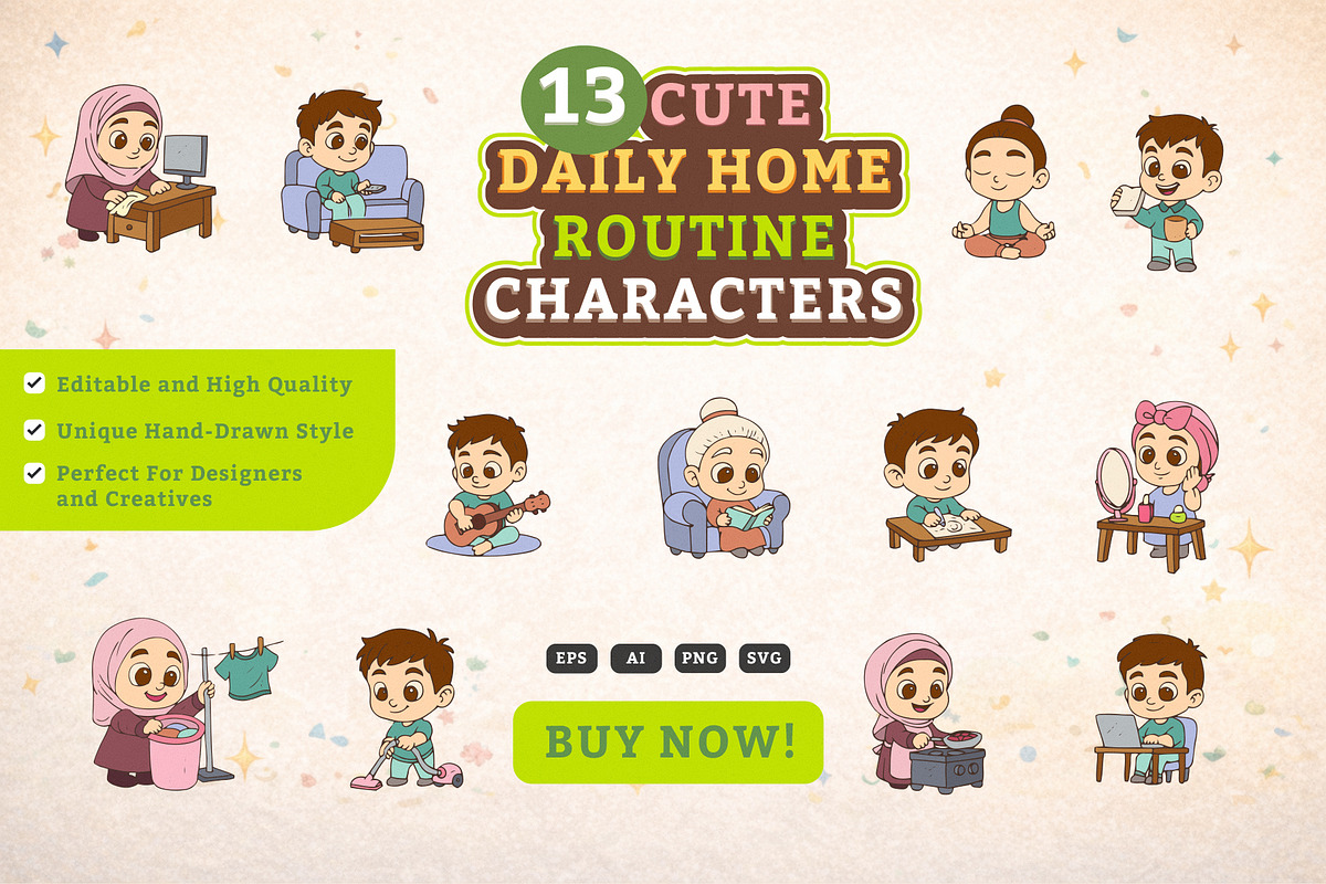 13 Cute Daily Home Routine Character, an Illustration by MEANDSTUDIO (Photo 1 of 5)