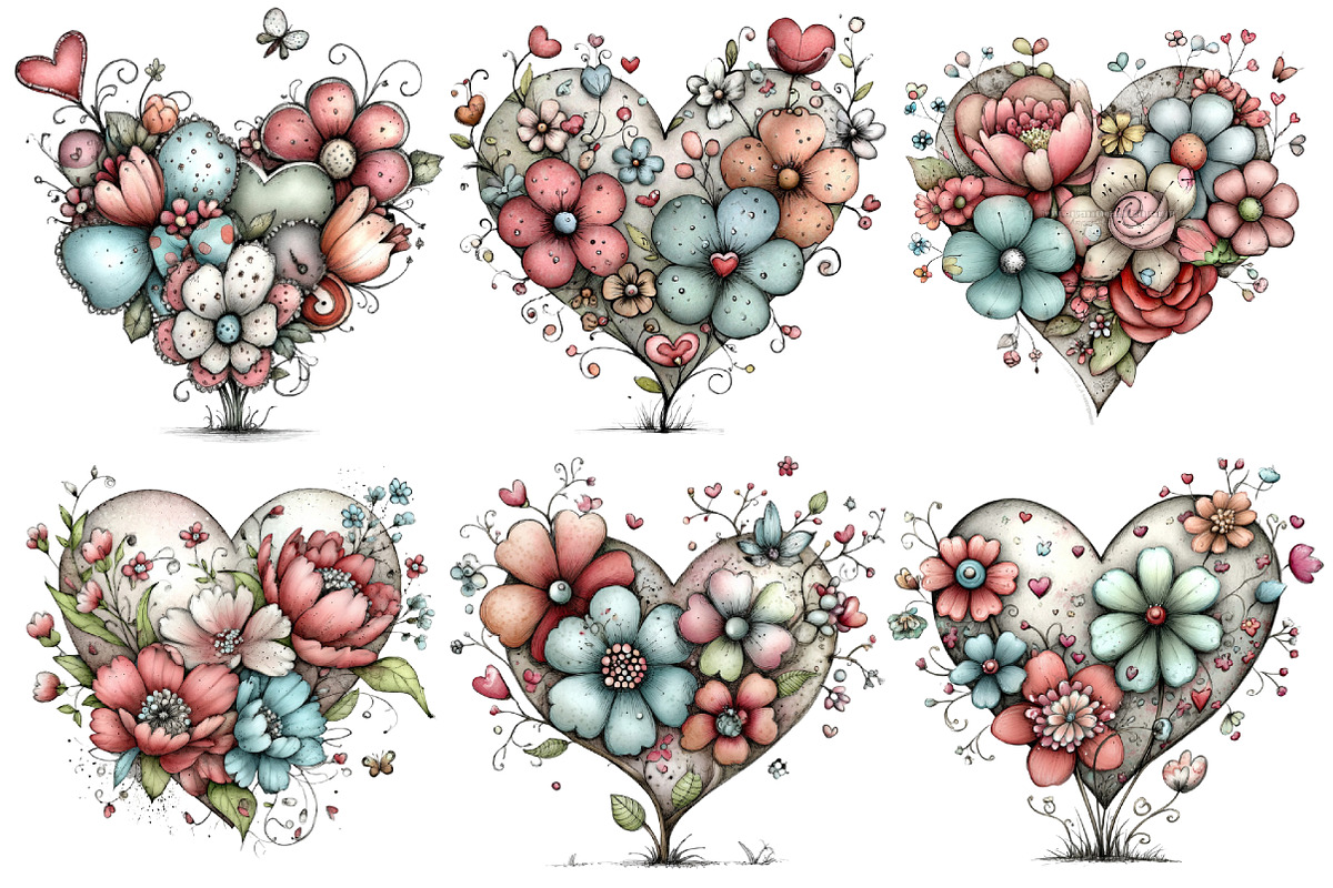 Whimsical Floral Hearts Clipart, an Illustration by Pixels.Craft (Photo 2 of 5)