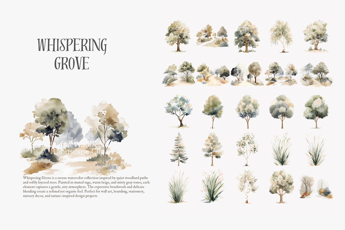 Neutral watercolor tree clipart set, a Decorative Illustration by Patishop Art (Photo 2 of 8)