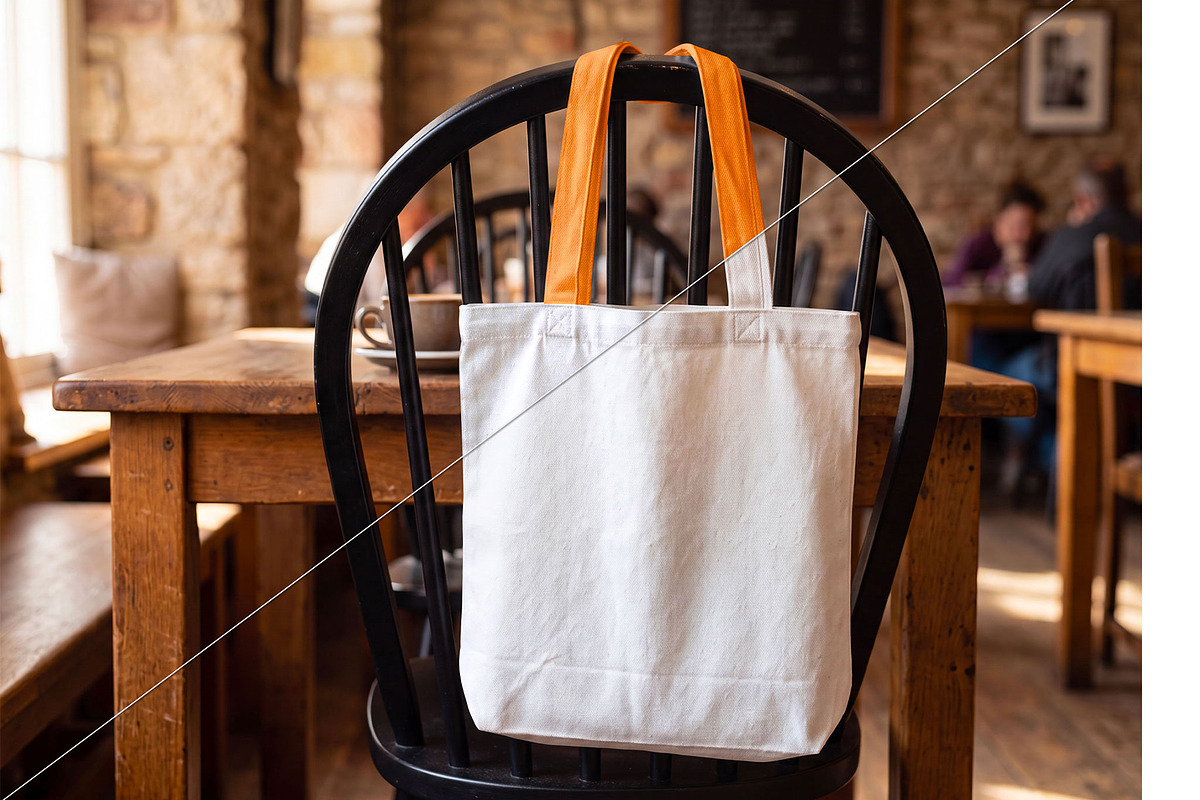 Canvas Tote Bag Mockup on Chair, a Merchandise Mockup by graphypix (Photo 3 of 4)