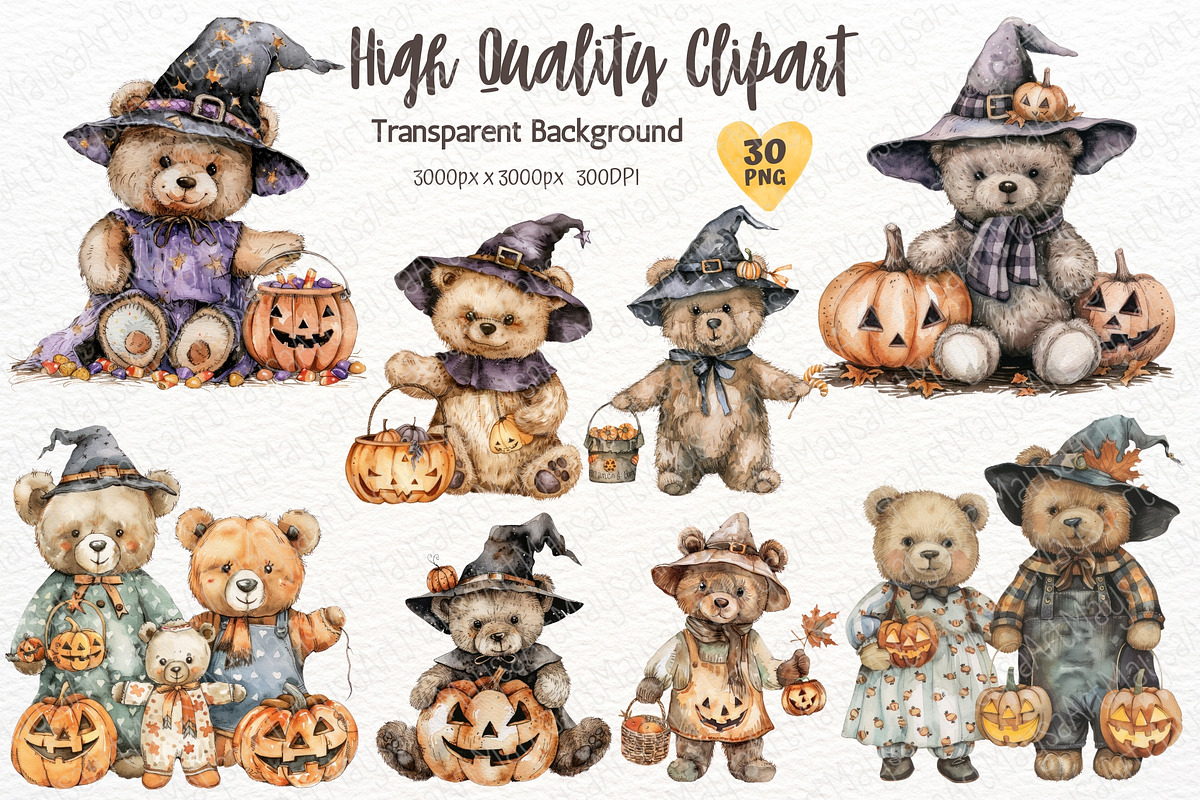 Halloween Bear Clipart Watercolor, a Seasonal Illustration by Maysa Art (Photo 3 of 6)