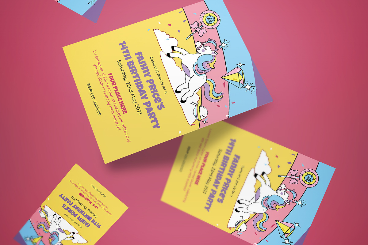 Cheerful Unicorn Birthday Invitation, an Invitation Template by graphicook (Photo 3 of 3)