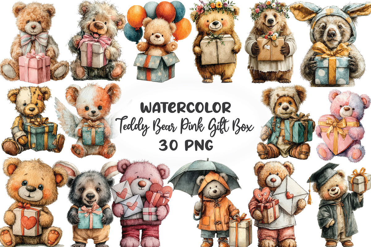 Cute Teddy Bear Pink Gift Box Clipar, an Illustration by CraftArtStudio (Photo 1 of 6)
