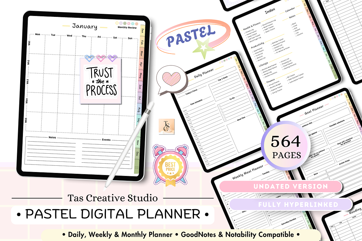 Pastel Digital Planner ( 564 Pages ), a Stationery Template by Tas Creative Studio (Photo 1 of 8)