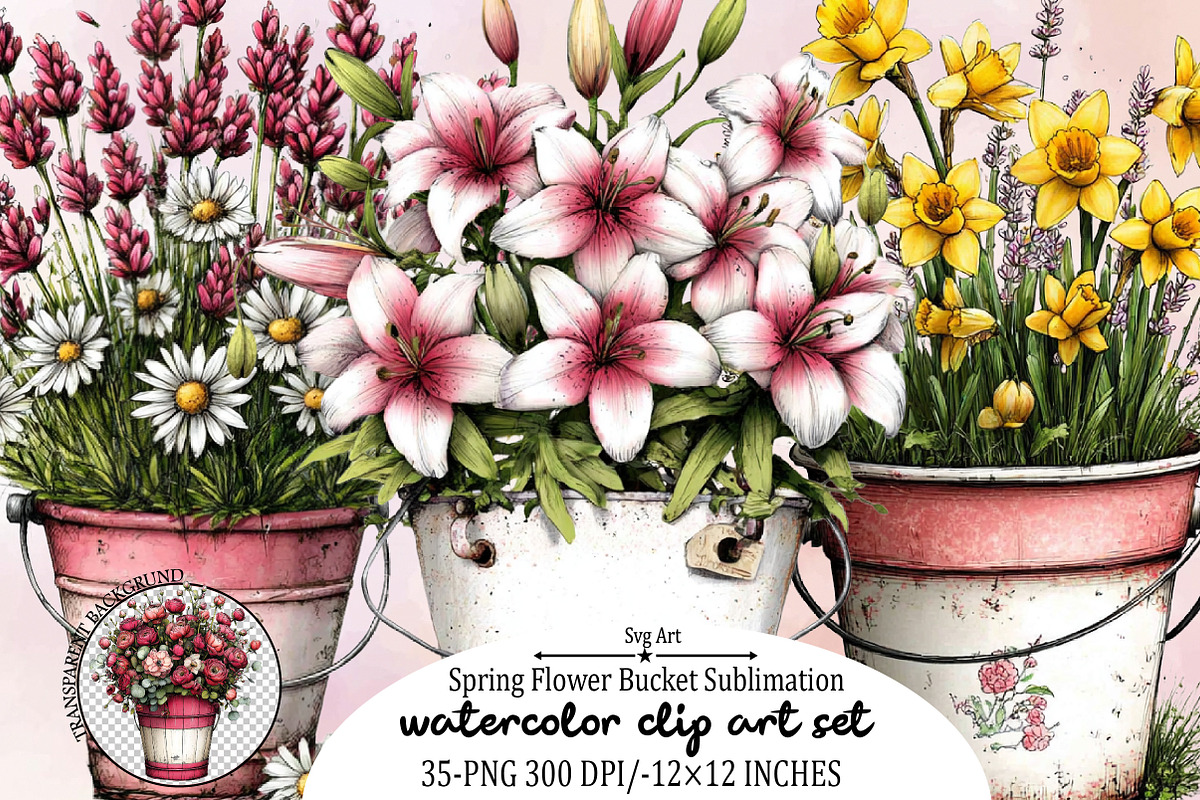 Spring Flower Bucket Sublimation Cli, an Illustration by SVGArt (Photo 1 of 9)