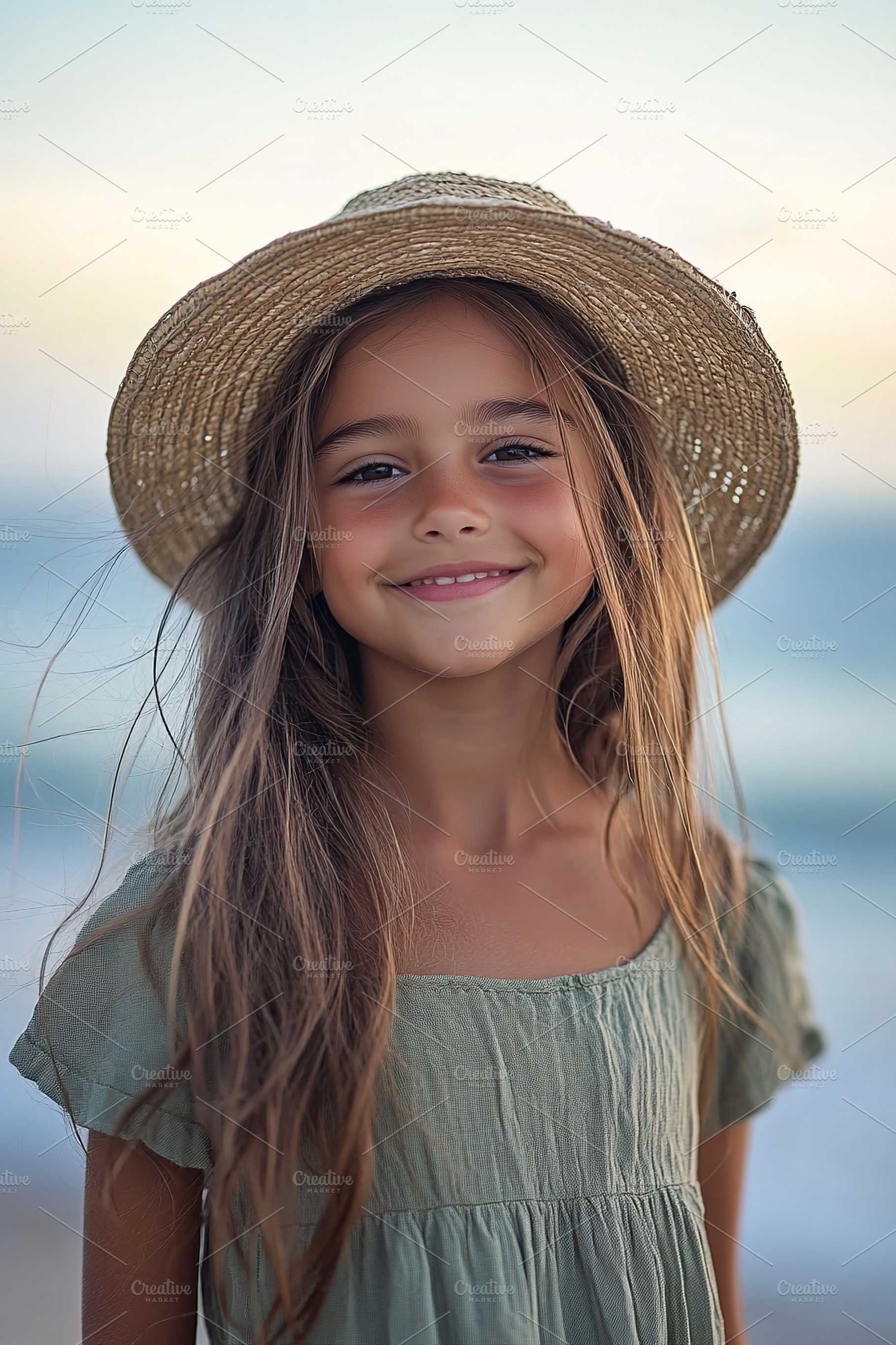 Smiling girl with long hair wearing a straw hat near the beach during sunset, a Person Photo by AlyaAnd