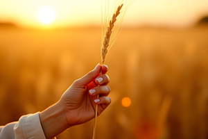 Hand holding wheat stalk in golden s, a Nature Photo by Artonix