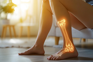 Man with glowing knee pain, a Health & Medical Photo by AlyaAnd