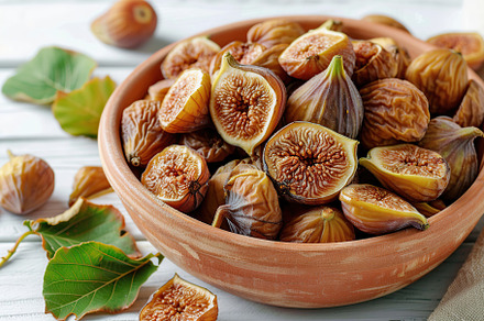 Dried figs fruit in bowl on wooden table, a Food & Drink Photo by AlyaAnd