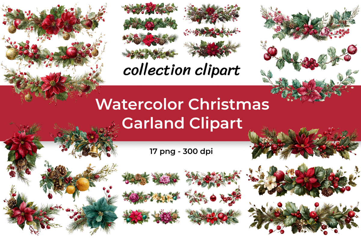 Watercolor Christmas Garland Clipart, a Decorative Illustration by InkyQueenArt (Photo 1 of 5)