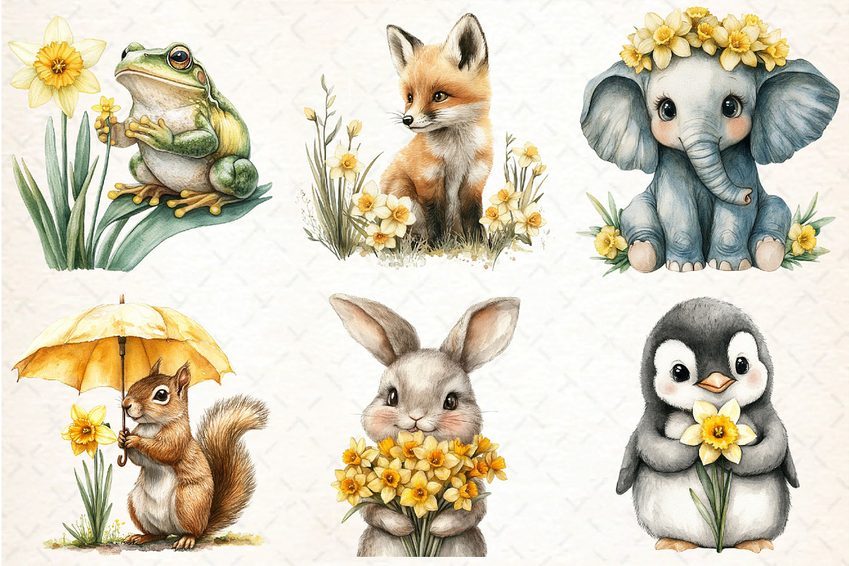 Cute Animals with Daffodils Flowers, an Illustration by DreamCafeArt (Photo 3 of 7)