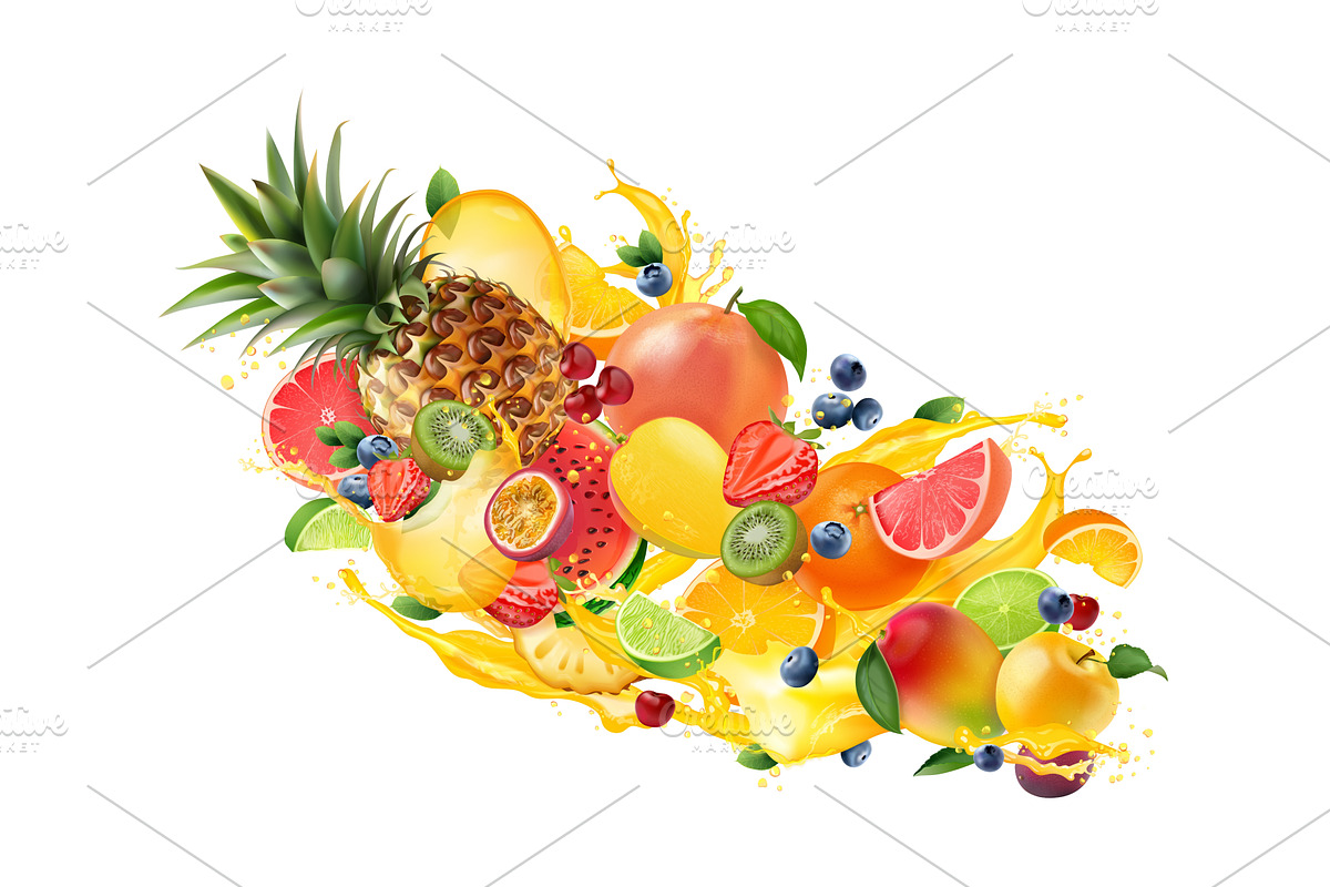 Realistic fruit burst. 3d fruits mix, a Food Illustration by Stock-Smart-Start
