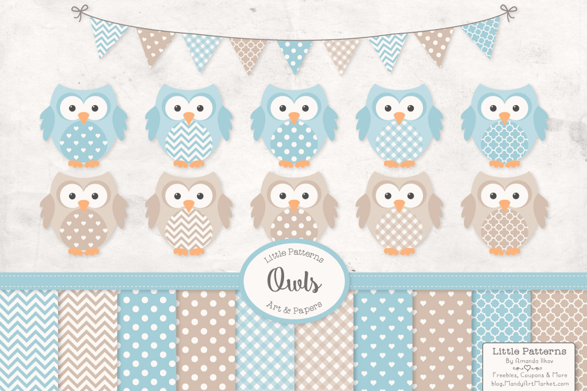 Soft Blue Vector Owls & Papers, an Animal Illustration by Amanda Ilkov (Photo 1 of 3)