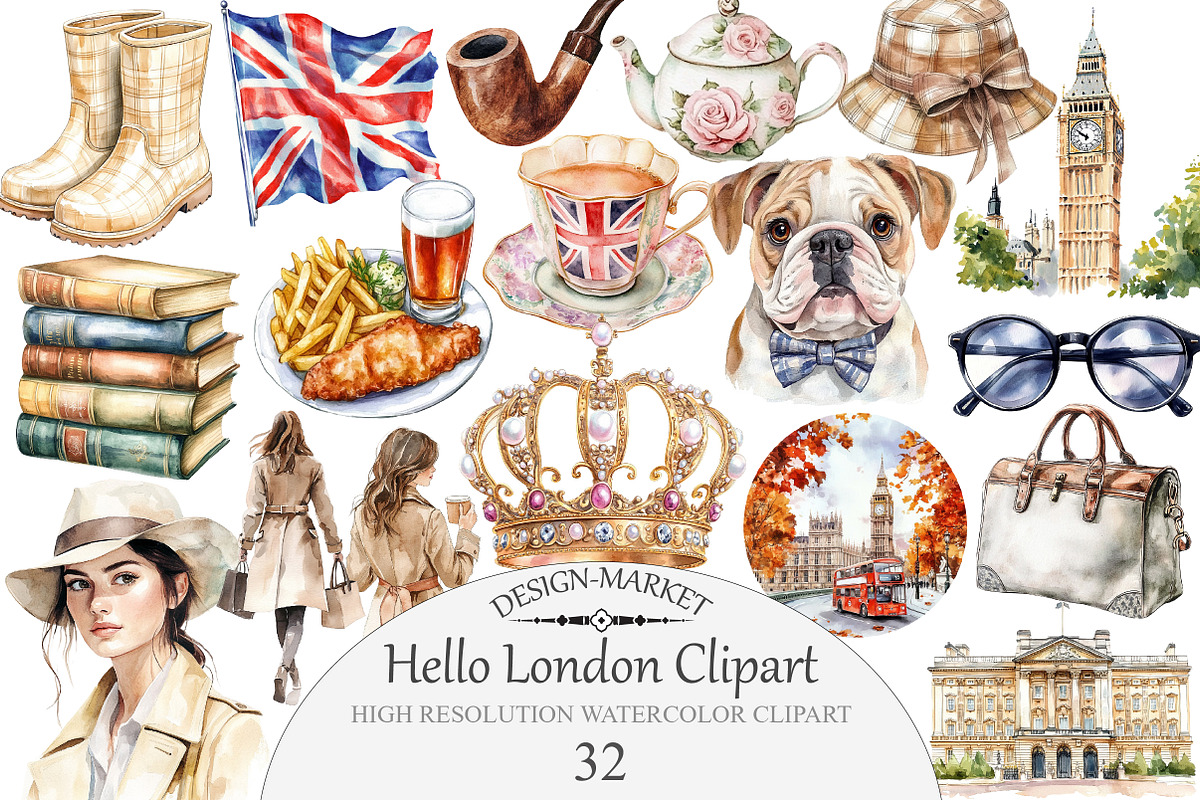 Watercolor Hello London Clipart, an Illustration by Design Market (Photo 1 of 4)