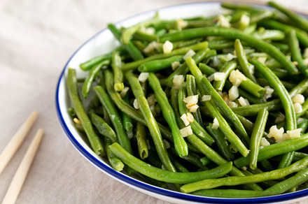 Homemade Asian Garlic Green Beans on a Plate, low angle view. Cl, a Food & Drink Photo by LiudmylaChuhunova