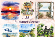 Watercolor Cozy Summer Scenes Set, an Illustration by GiraffeCreative (Thumbnail 1 of 9)