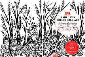 A Girl in A Forest Folk Art