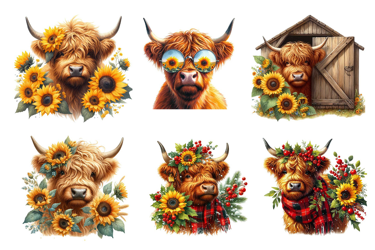 Watercolor Sunflower Highland Cow, an Illustration by CreationArt (Photo 5 of 5)