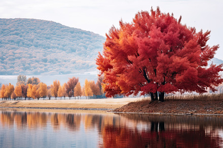 Autumn landscape with red tree on th, a Photo by Iftikhar Alam