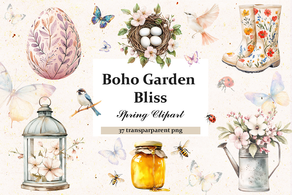 Boho Spring Easter Clipart Set, a Seasonal Illustration by IrenKlm (Photo 1 of 6)