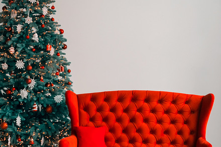 Christmas living room containing background, boxes, and bright