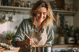 Happy woman cooking delicious food i, a Photo by Pixeness Studio
