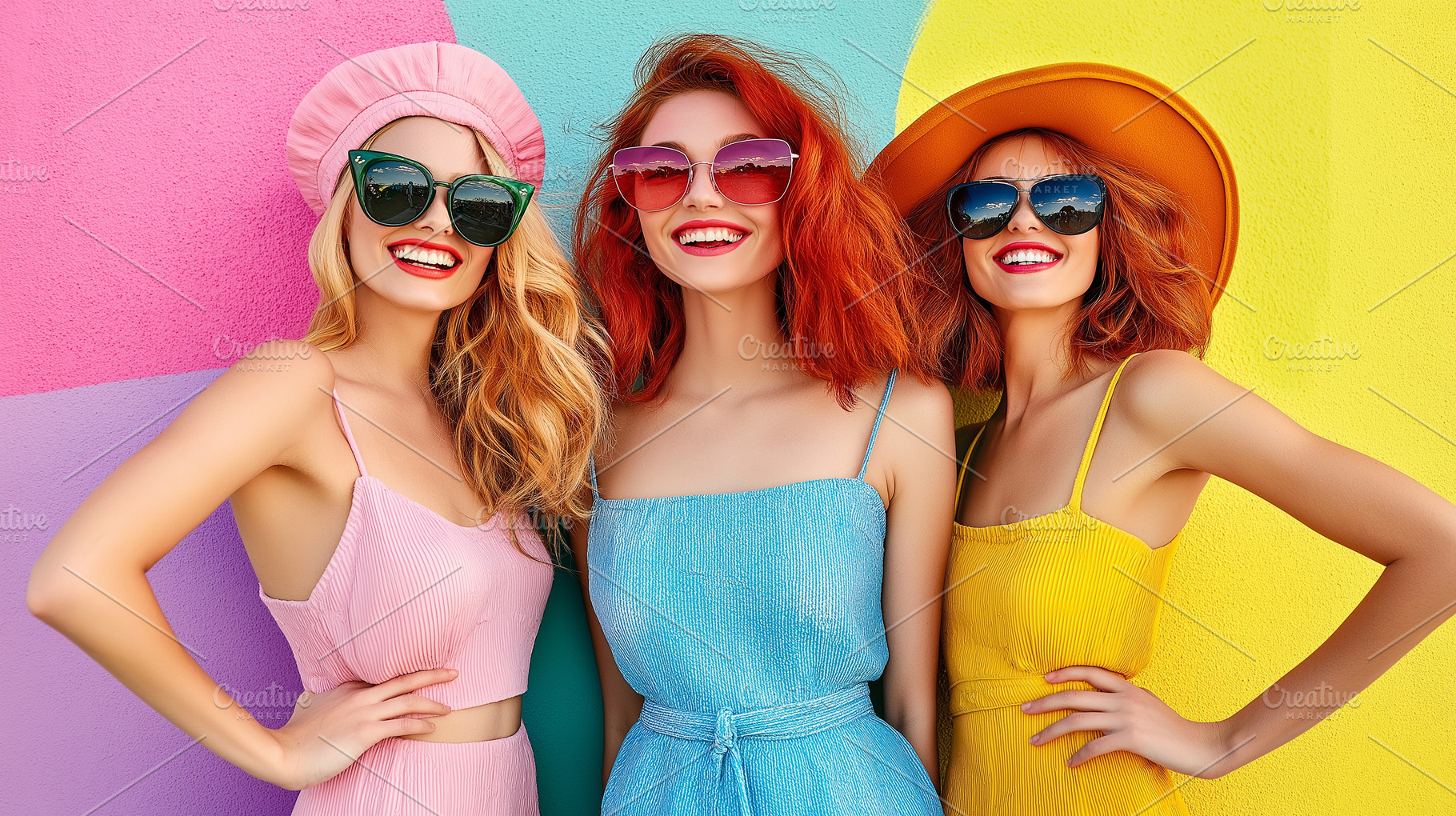 Three stylish women in colorful, a Person Photo by MistyDay
