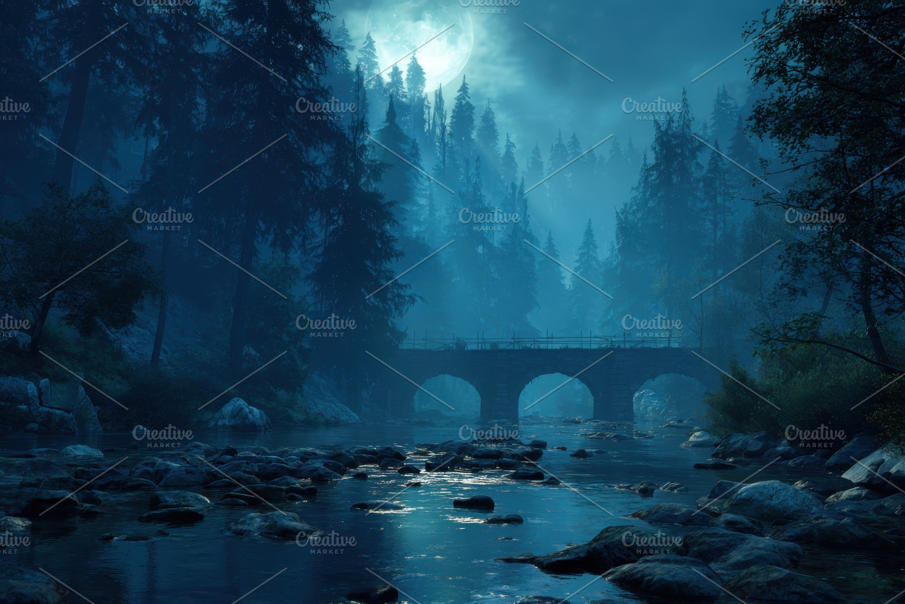 Stone bridge moonlight forest river, a Photo by Pixeness Studio